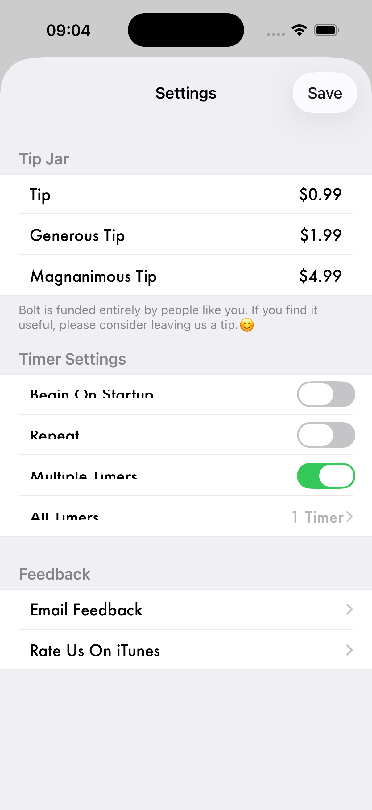 Bolt Settings Screen